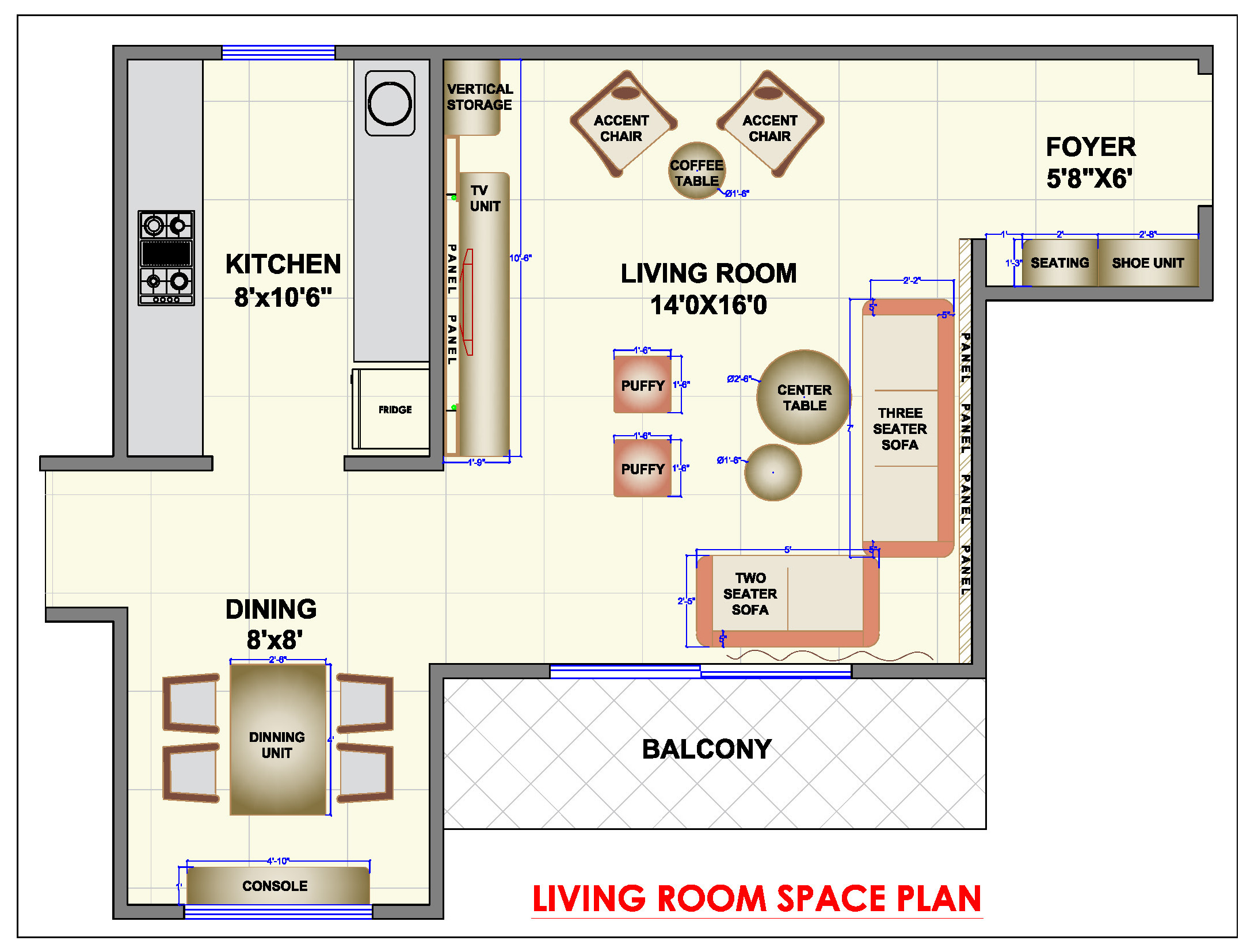 Living Room CAD Plan- 14'x16' with Dining and Kitchen